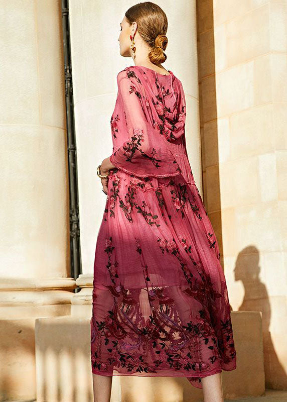 Embroidered Phoenix Floral Hooded V-Neck Bell Sleeve Maxi Dress - View 4