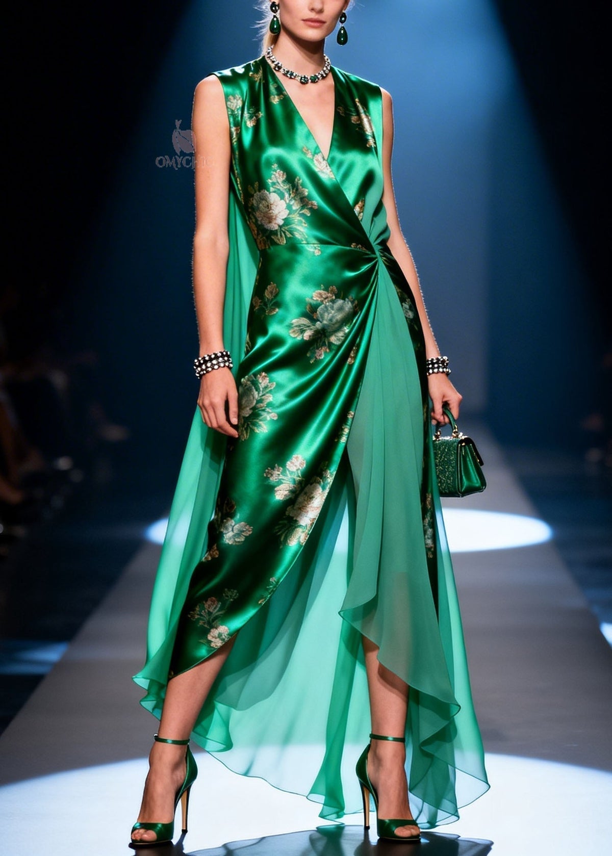 Satin Floral Print Sleeveless V-Neck Wrap Waist Sheer Maxi Gown - View 5