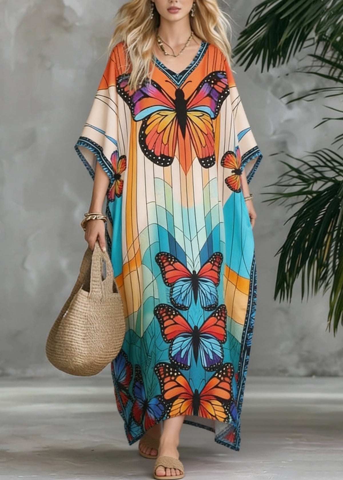 Stylish V Neck Butterfly Print Chiffon Maxi Dresses Summer - View 3