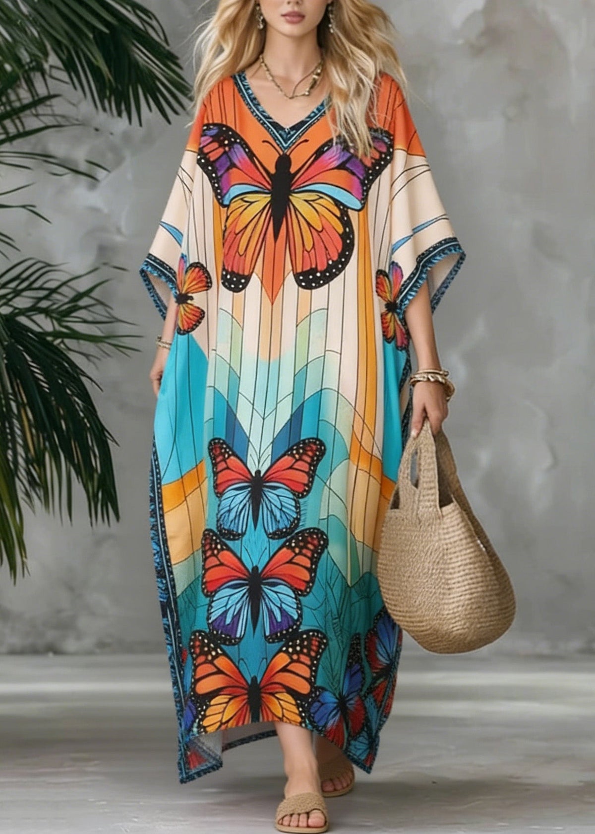 Stylish V Neck Butterfly Print Chiffon Maxi Dresses Summer - View 5