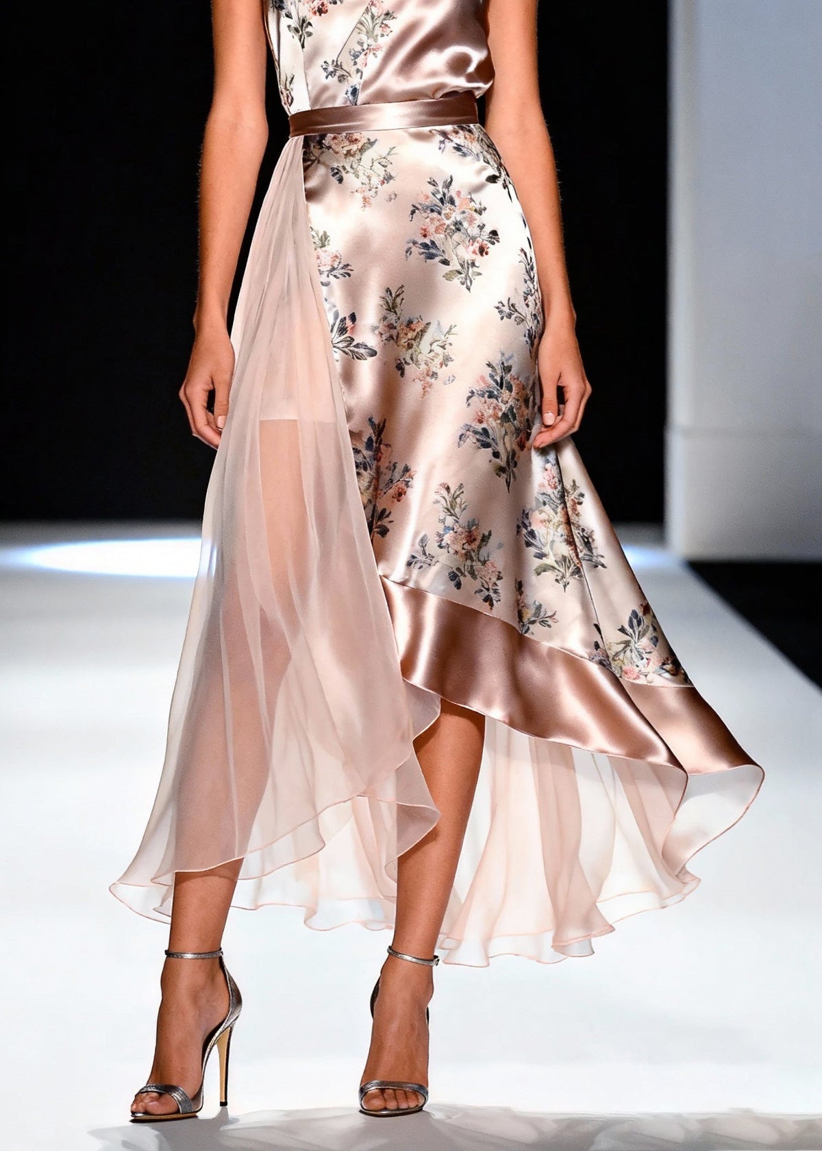 Floral Satin Spaghetti Strap V-Neck Sheer Draped Maxi Dress - View 4