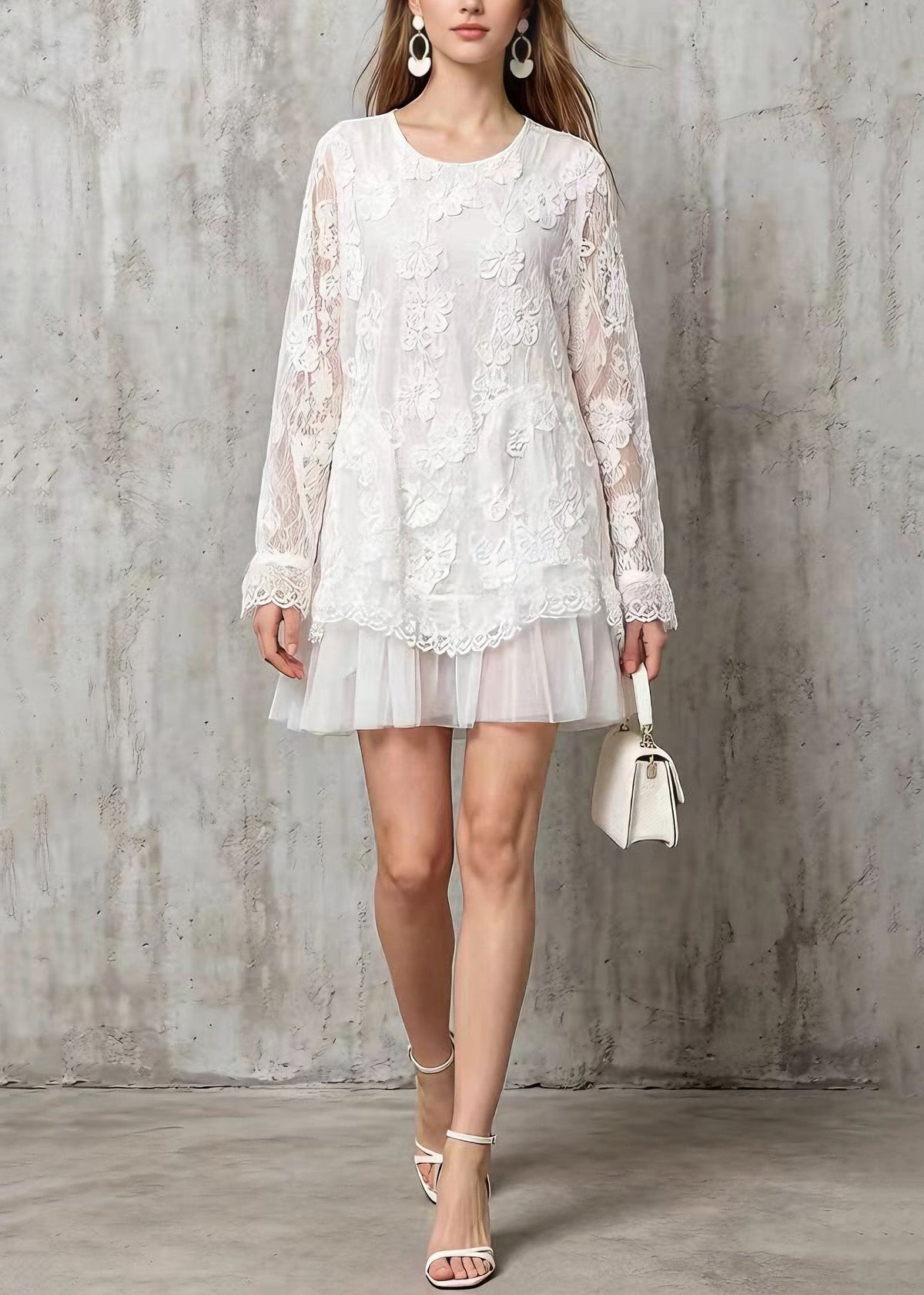 Floral Lace Crew Neck Long Sleeve Tiered Tulle Ruffle Mini Dress - View 3