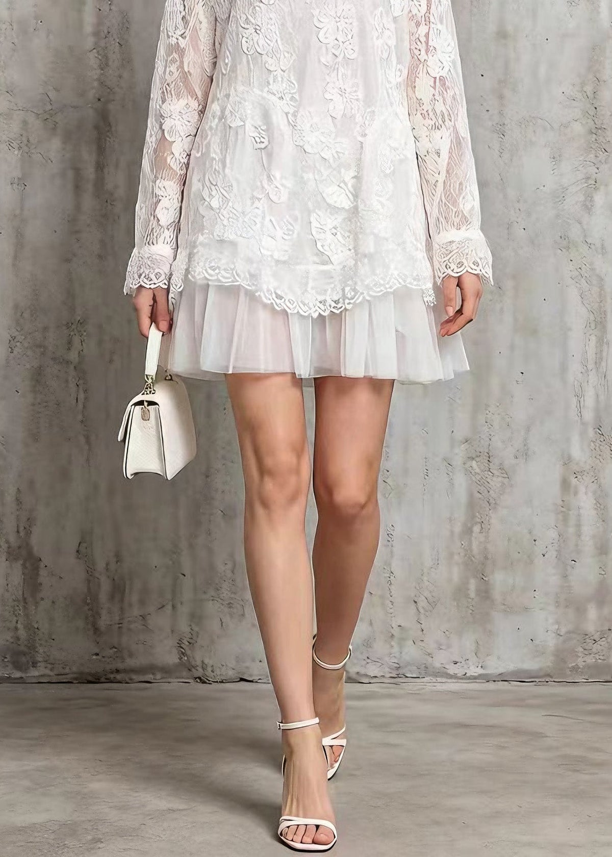 Floral Lace Crew Neck Long Sleeve Tiered Tulle Ruffle Mini Dress - View 4
