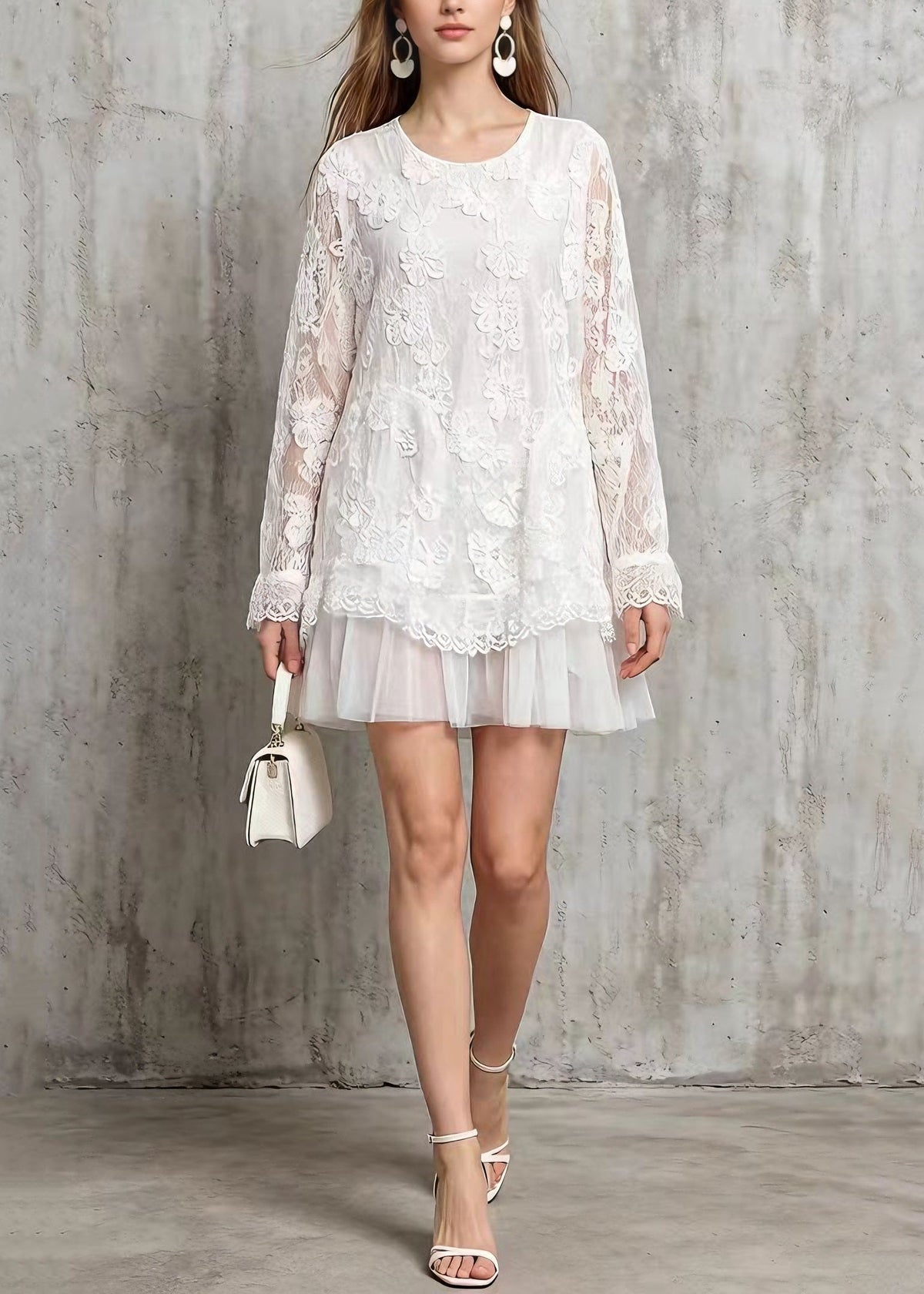 Floral Lace Crew Neck Long Sleeve Tiered Tulle Ruffle Mini Dress - View 5