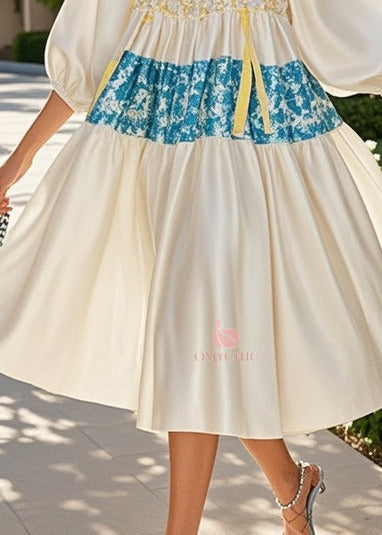 Square Neck Puff Sleeve Floral Patchwork Tiered Midi Dress - View 4