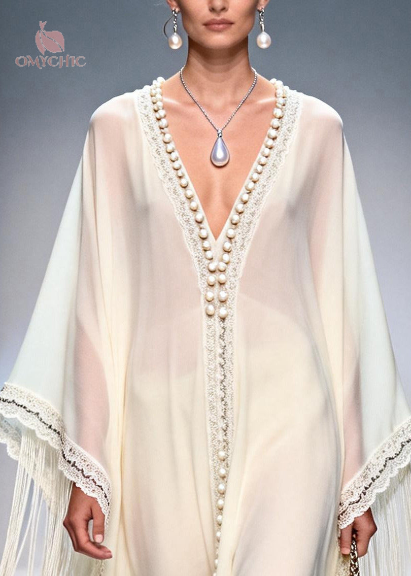 Deep V-Neck Batwing Sleeve Pearl Trim Tassel Chiffon Kaftan Dress - View 2