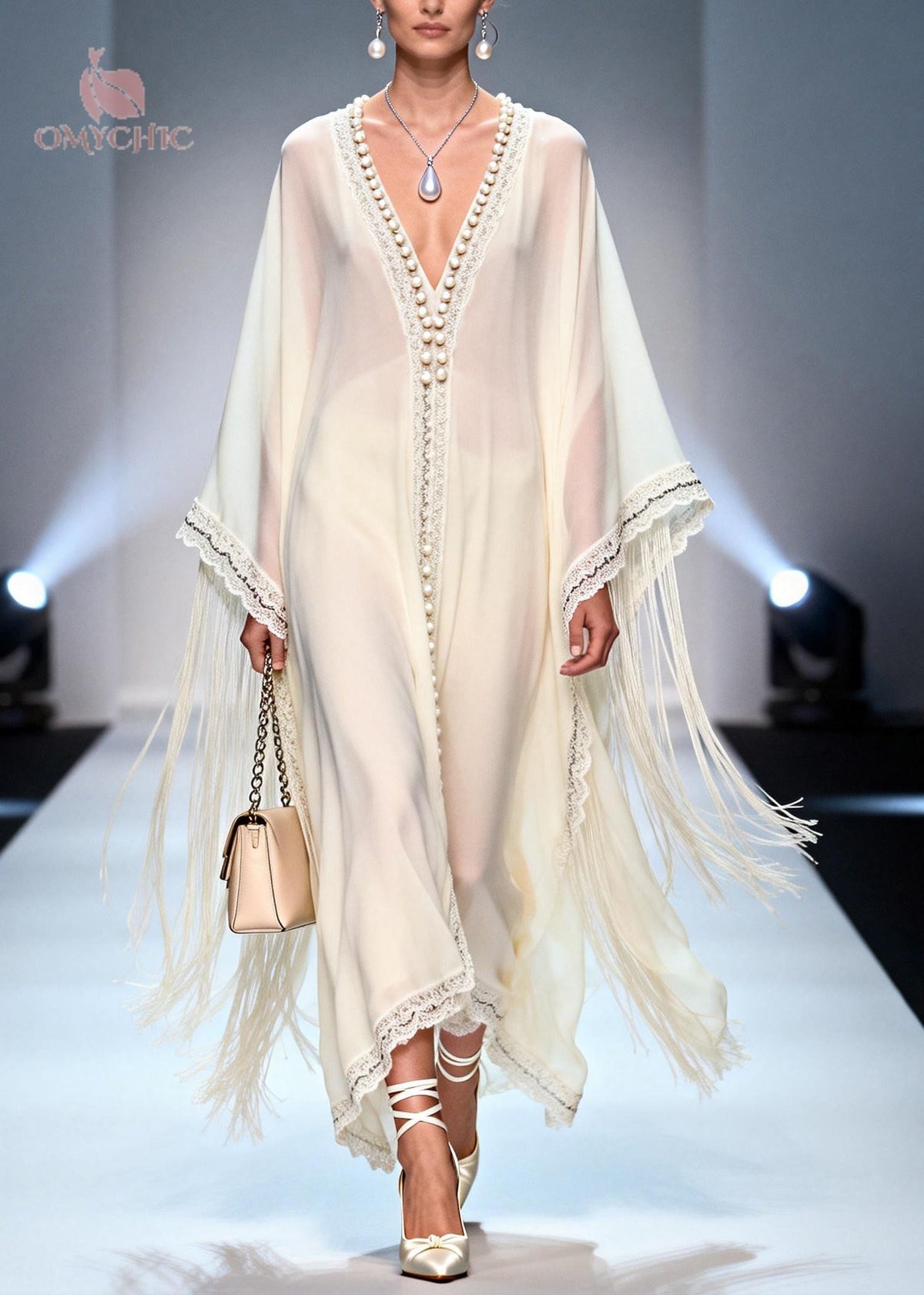Deep V-Neck Batwing Sleeve Pearl Trim Tassel Chiffon Kaftan Dress - View 3