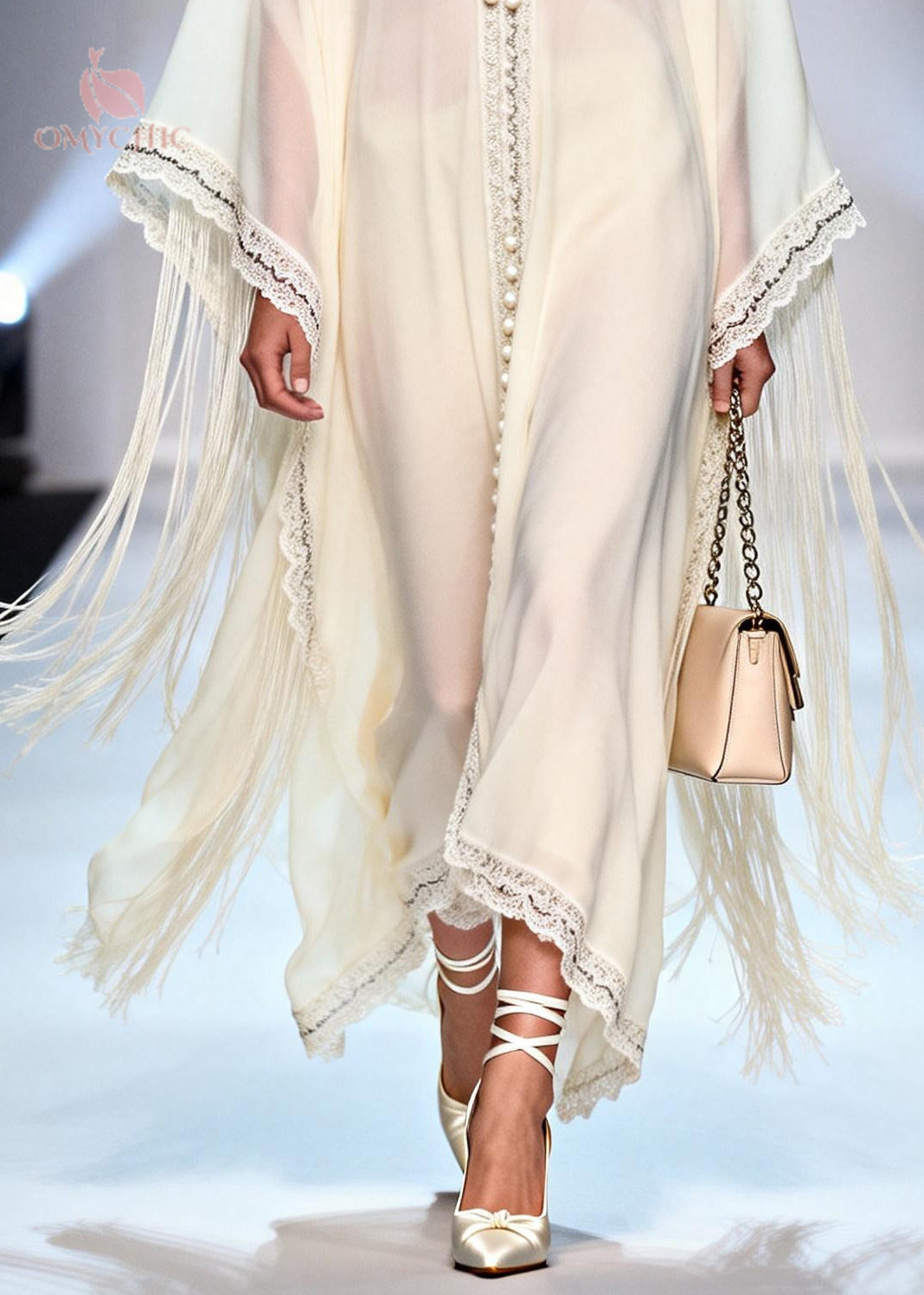 Deep V-Neck Batwing Sleeve Pearl Trim Tassel Chiffon Kaftan Dress - View 4