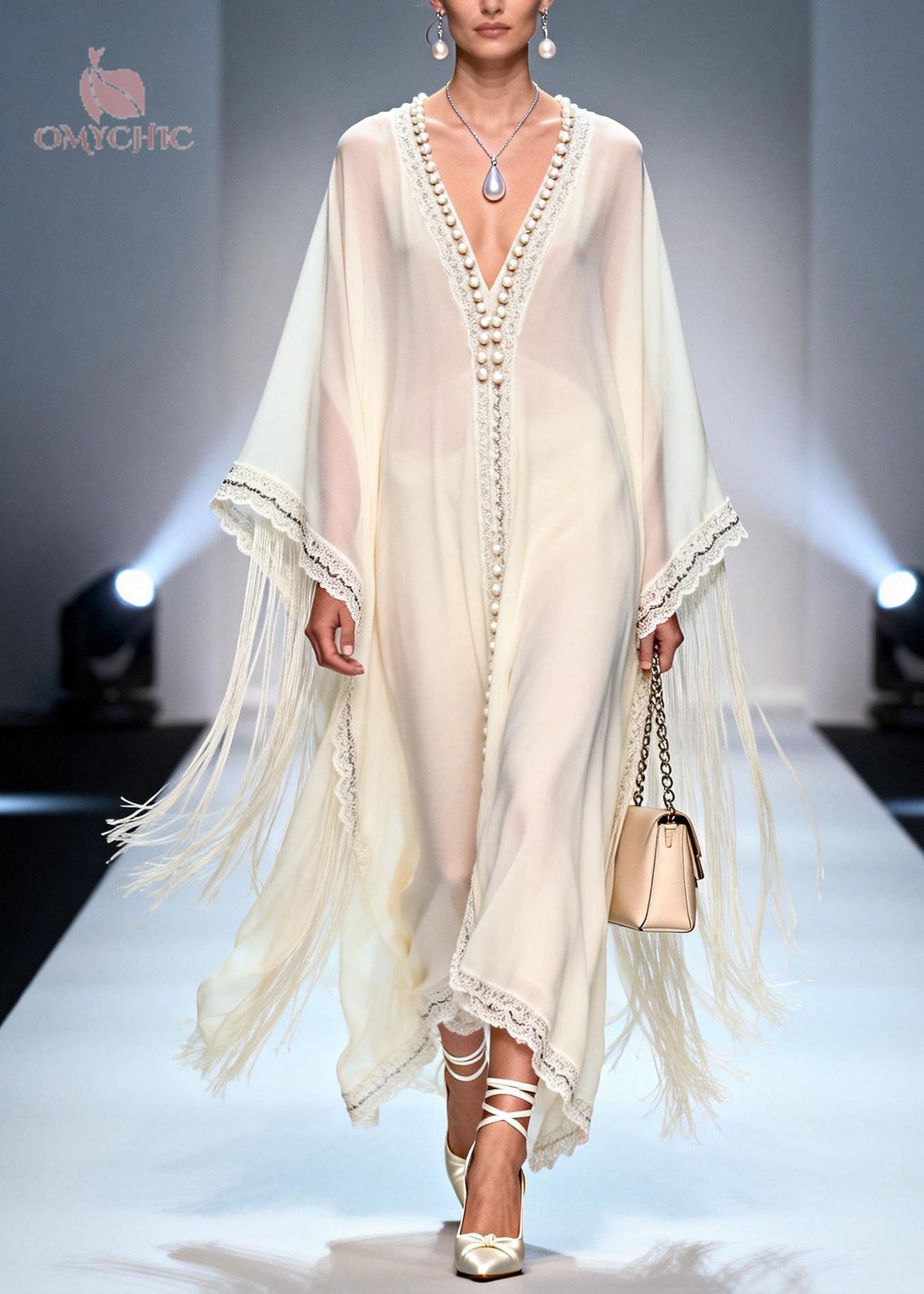 Deep V-Neck Batwing Sleeve Pearl Trim Tassel Chiffon Kaftan Dress - View 5