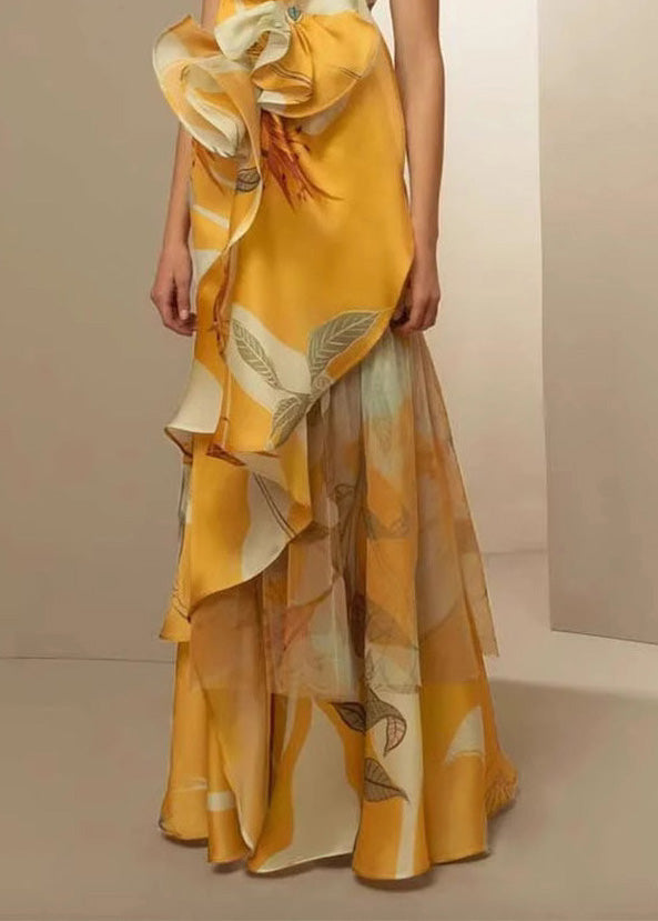 One Shoulder Leaf Print Floral Applique Tiered Sheer Maxi Gown - View 4