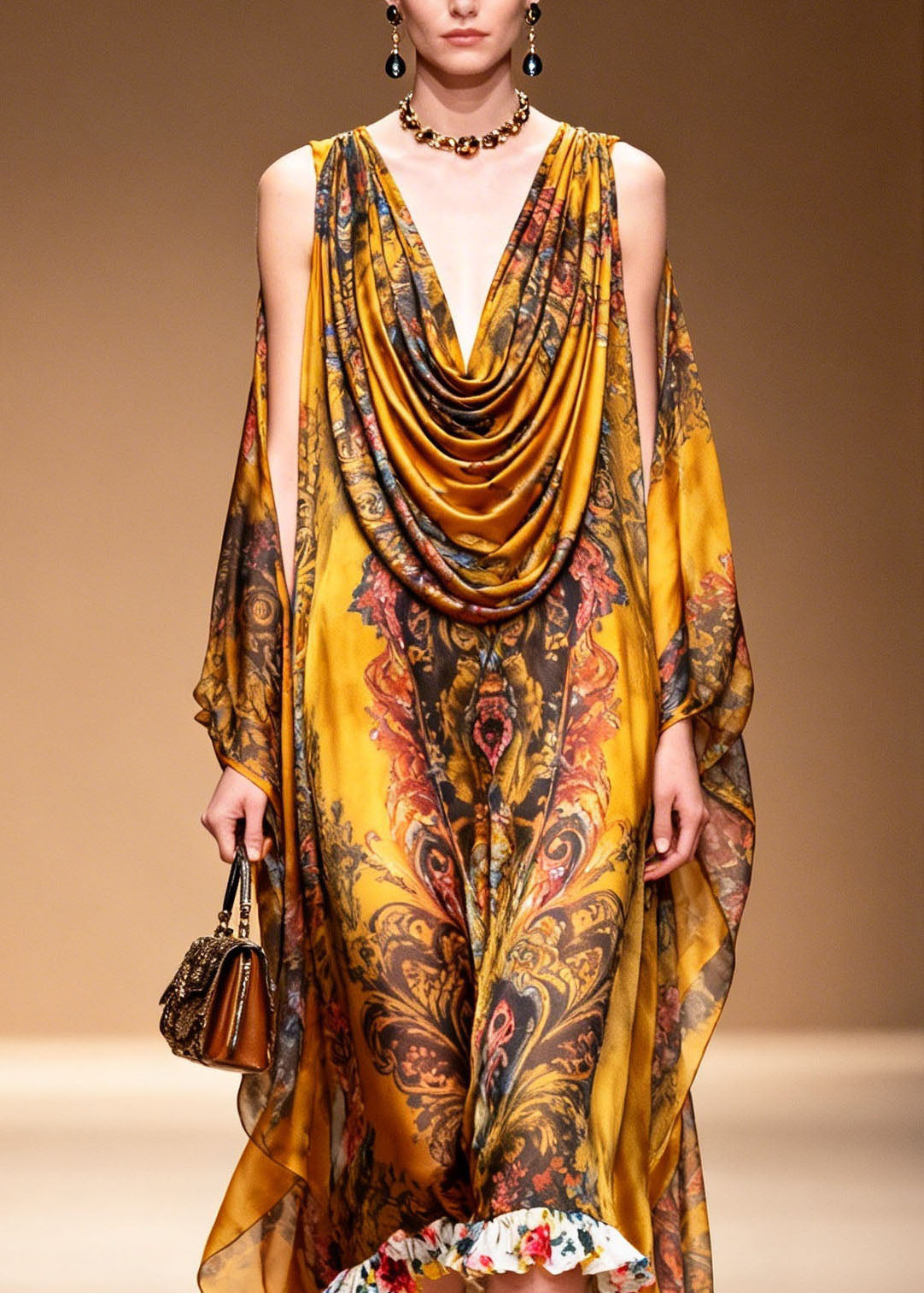 Stylish Yellow Cold Shoulder Print Chiffon Maxi Dresses Summer - View 2