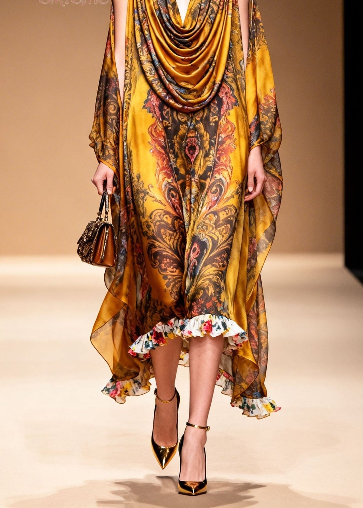 Stylish Yellow Cold Shoulder Print Chiffon Maxi Dresses Summer - View 5
