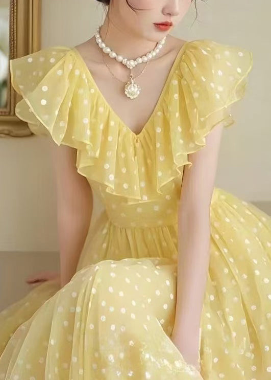 Stylish Yellow V Neck Ruffled Print Chiffon Long Dress Summer - View 3