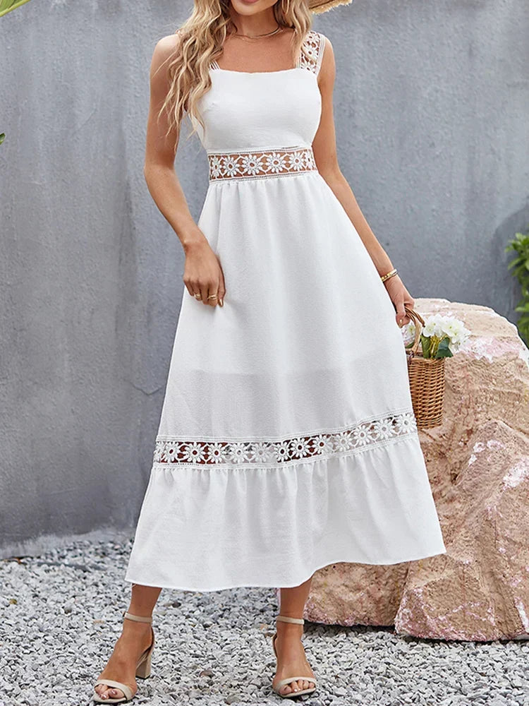 Square Neck Crochet Lace Trim Tiered Boho Maxi Dress