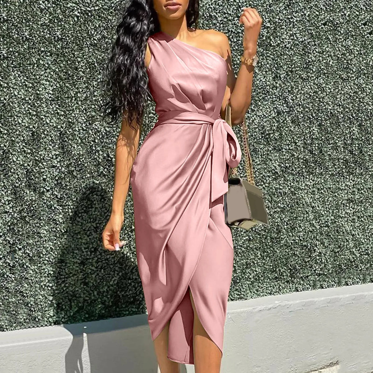 Green Asymmetrical One Shoulder Satin Ruched Midi Dress - View 5