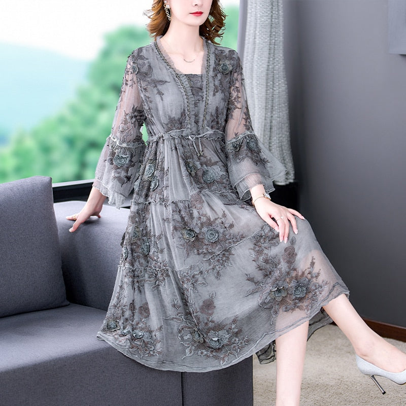 Silk Floral Cut Out Midi Dress - View 3