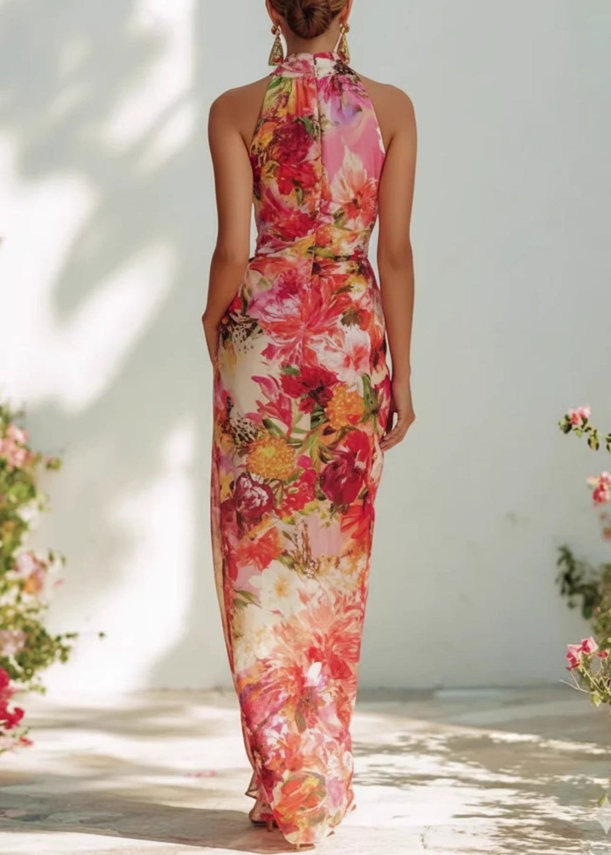 Chiffon Floral Print Halter Neck Sleeveless Draped Wrap Maxi Gown - View 2