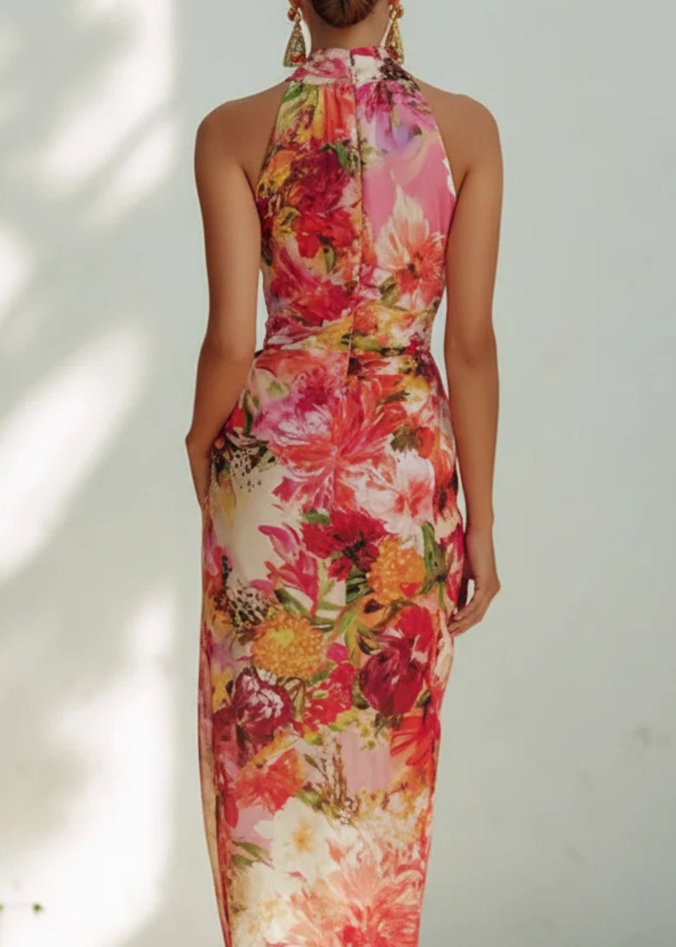 Chiffon Floral Print Halter Neck Sleeveless Draped Wrap Maxi Gown - View 4