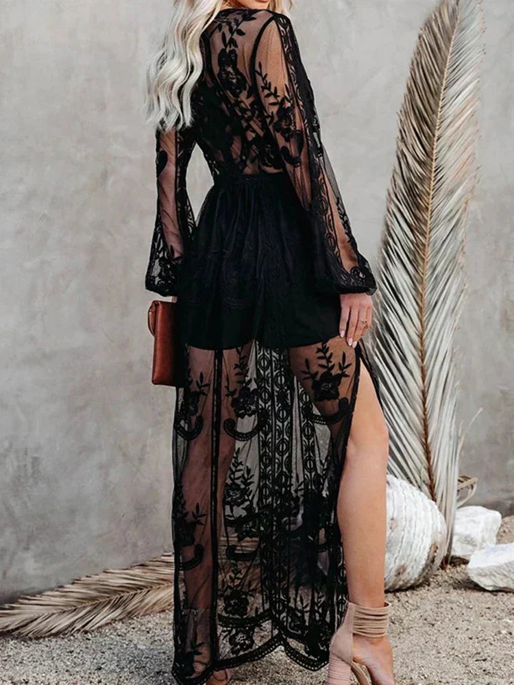 Floral Embroidered Deep V-Neck Long Sleeve Sheer Lace Maxi Dress 4