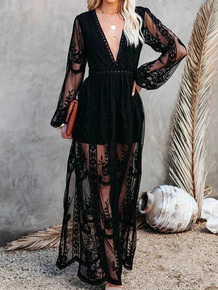 Floral Embroidered Deep V-Neck Long Sleeve Sheer Lace Maxi Dress 7