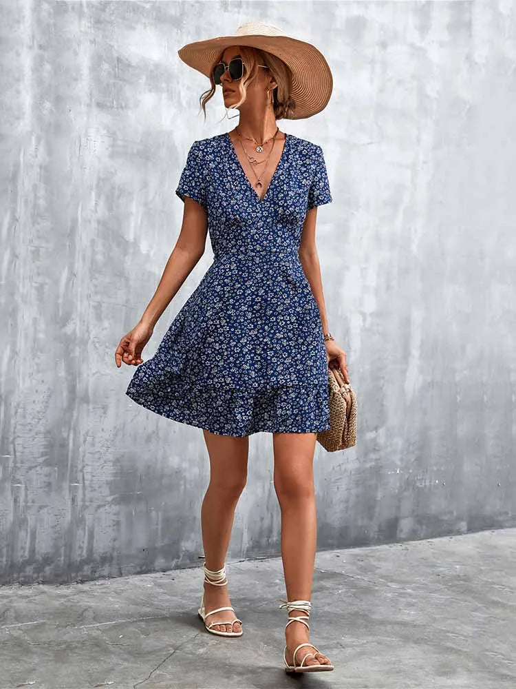 Summer Short Boho V Neck Floral Party Bohemian Flower Mini A Line Dress Blue / S