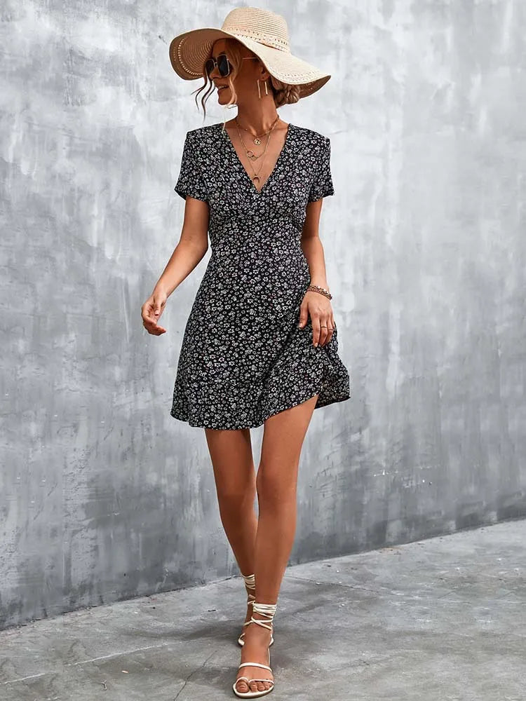 Summer Short Boho V Neck Floral Party Bohemian Flower Mini A Line Dress Black floral / S
