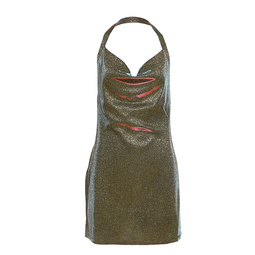 Iridescent Halter Cowl Neck Backless Bodycon Mini Party Dress - View 5