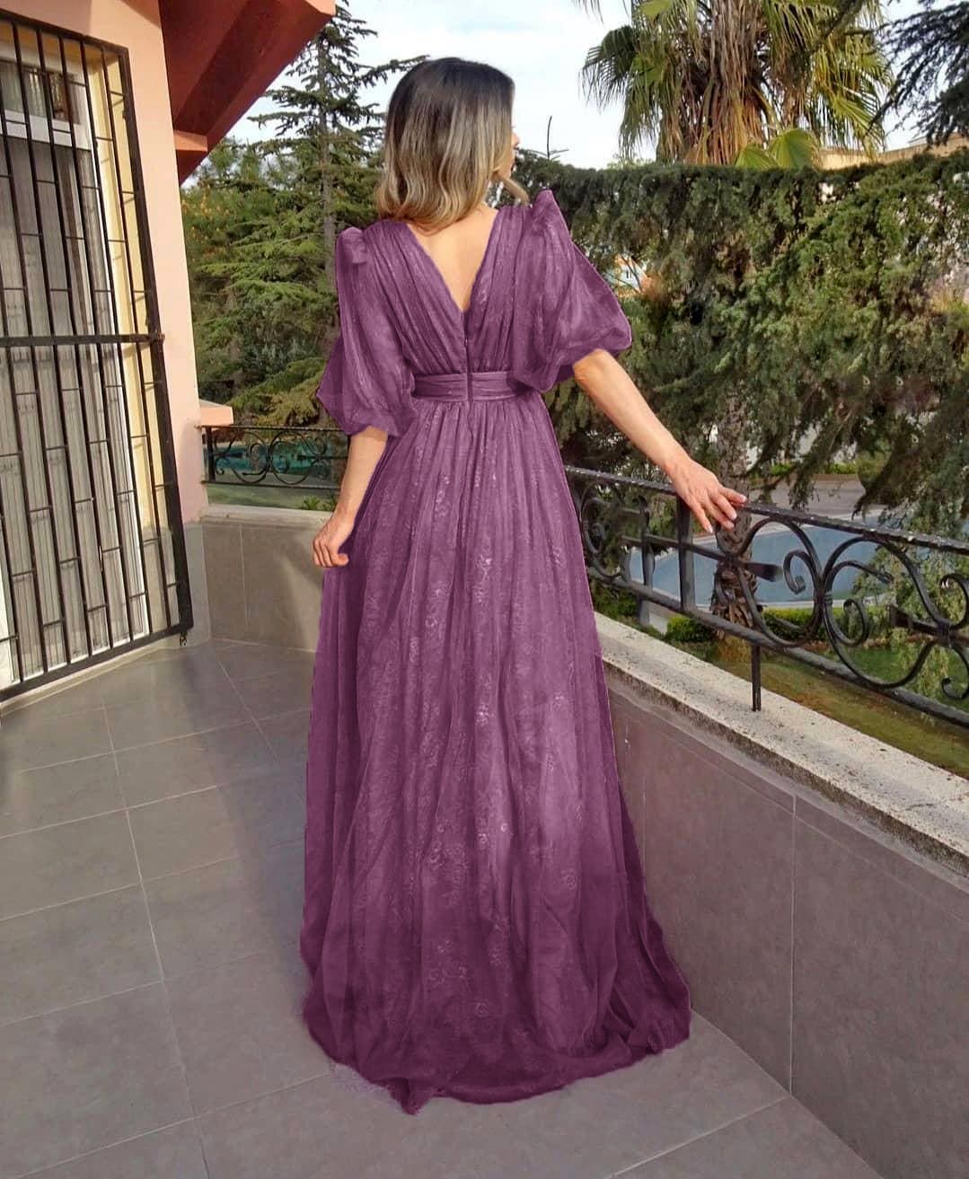 Embossed Floral Puff Sleeve V-Neck Ruched High Split Maxi Gown - View 2