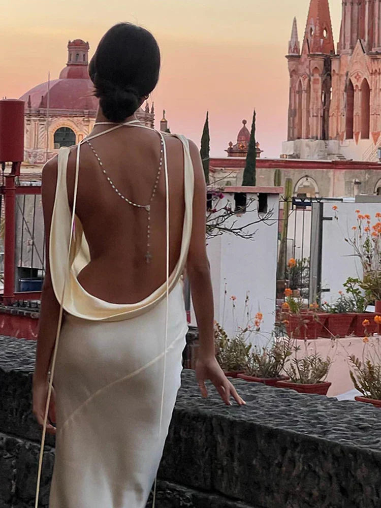 Sunny Evening Spaghetti Strap Backless Satin Maxi Dress - View 4