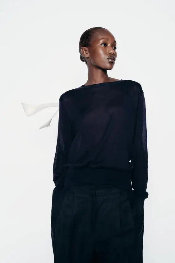 Color Contrasting Bow Bat Sleeve Cardigan
