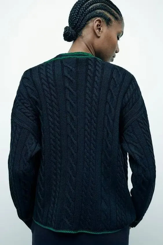 Lazy Style Contrasting V-neck Cardigan