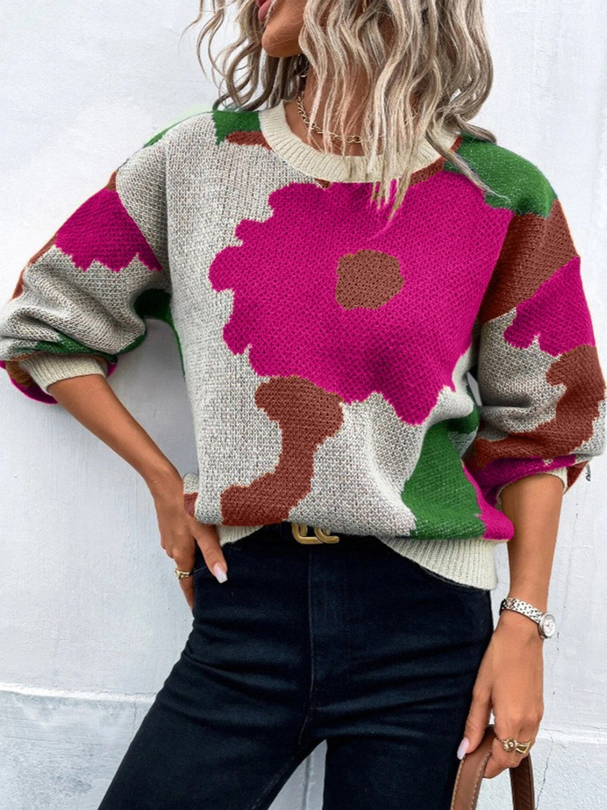 Crew Neck Floral Colorblock Drop Shoulder Sweater 6