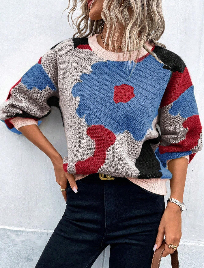 Crew Neck Floral Colorblock Drop Shoulder Sweater 7