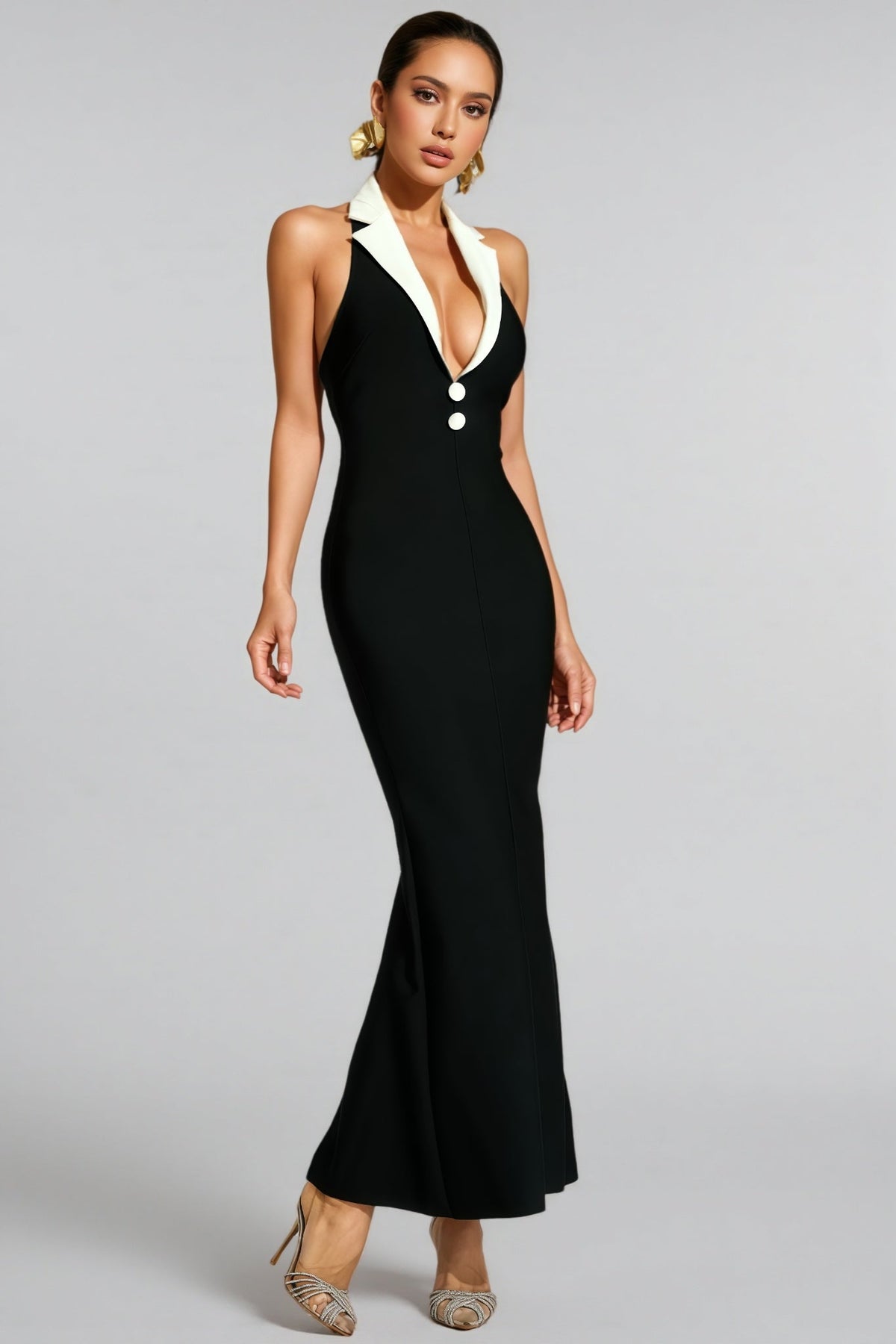 Bandage Halter Neck Contrast Collar Deep V-Neck Bodycon Maxi Gown - View 5