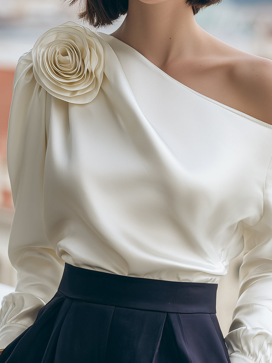 One Shoulder Long Sleeve 3D Flower Satin Top 3