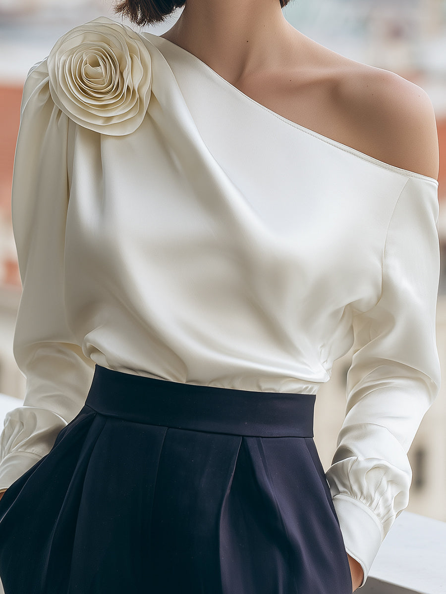 One Shoulder Long Sleeve 3D Flower Satin Top 4