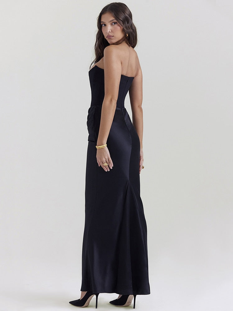 Satin Strapless Corset Ruched Waist Mermaid Maxi Dress - View 6