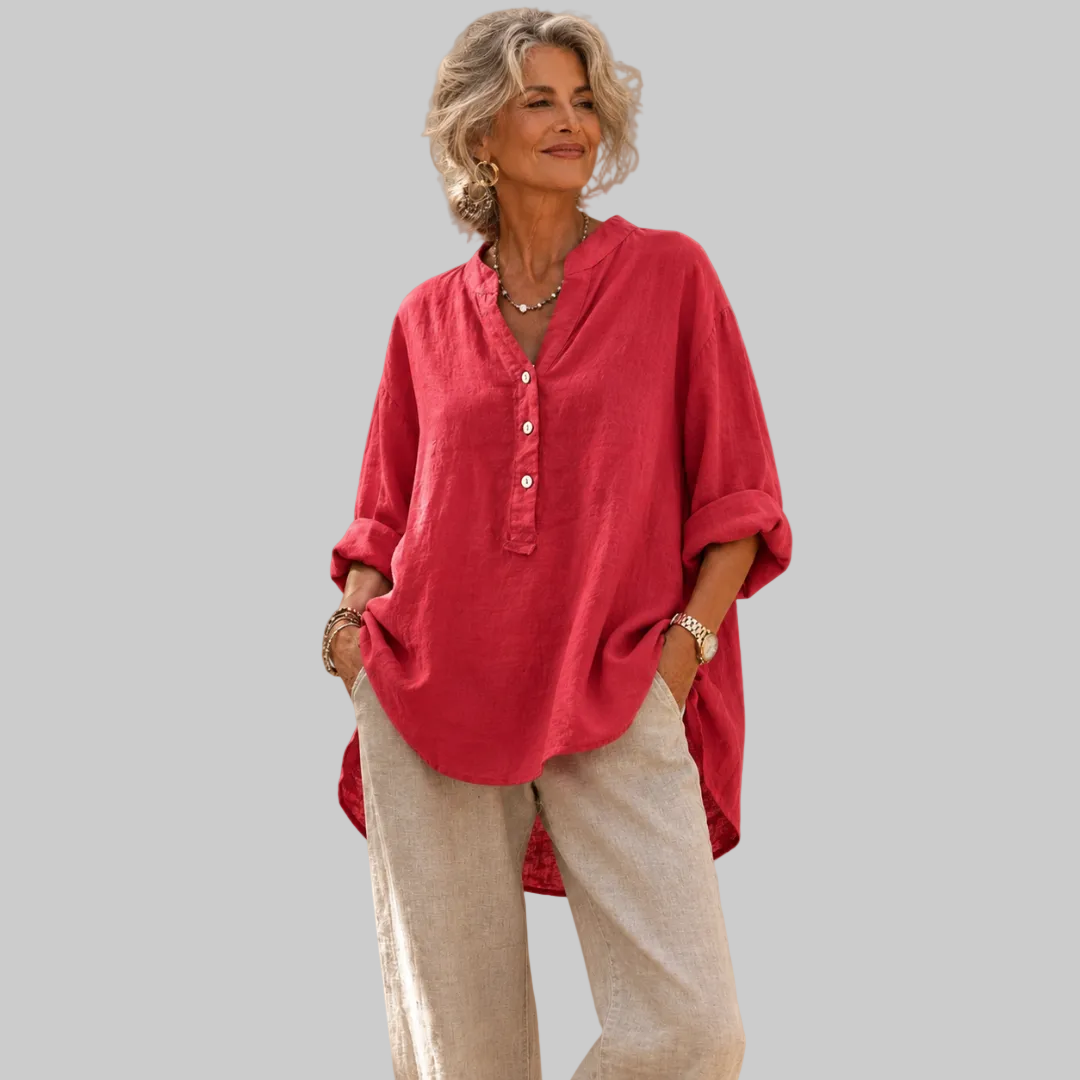 Band Collar Half Button Roll Sleeve Linen Blouse