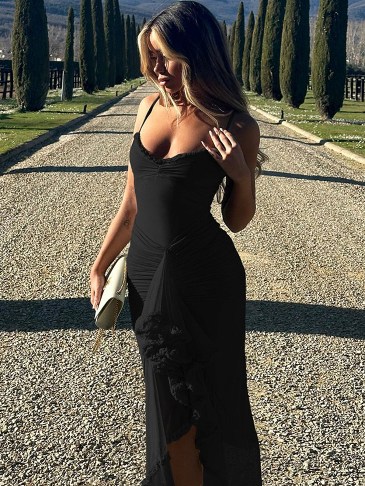Spaghetti Strap Sweetheart Ruched Mesh High Low Maxi Dress - View 19