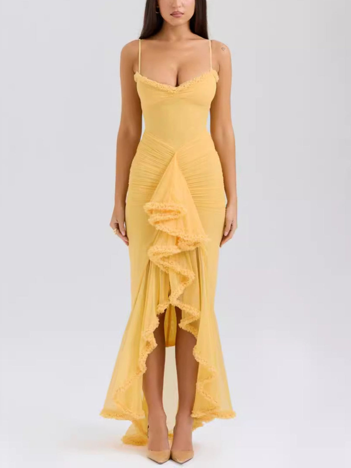 Spaghetti Strap Sweetheart Ruched Mesh High Low Maxi Dress - View 16