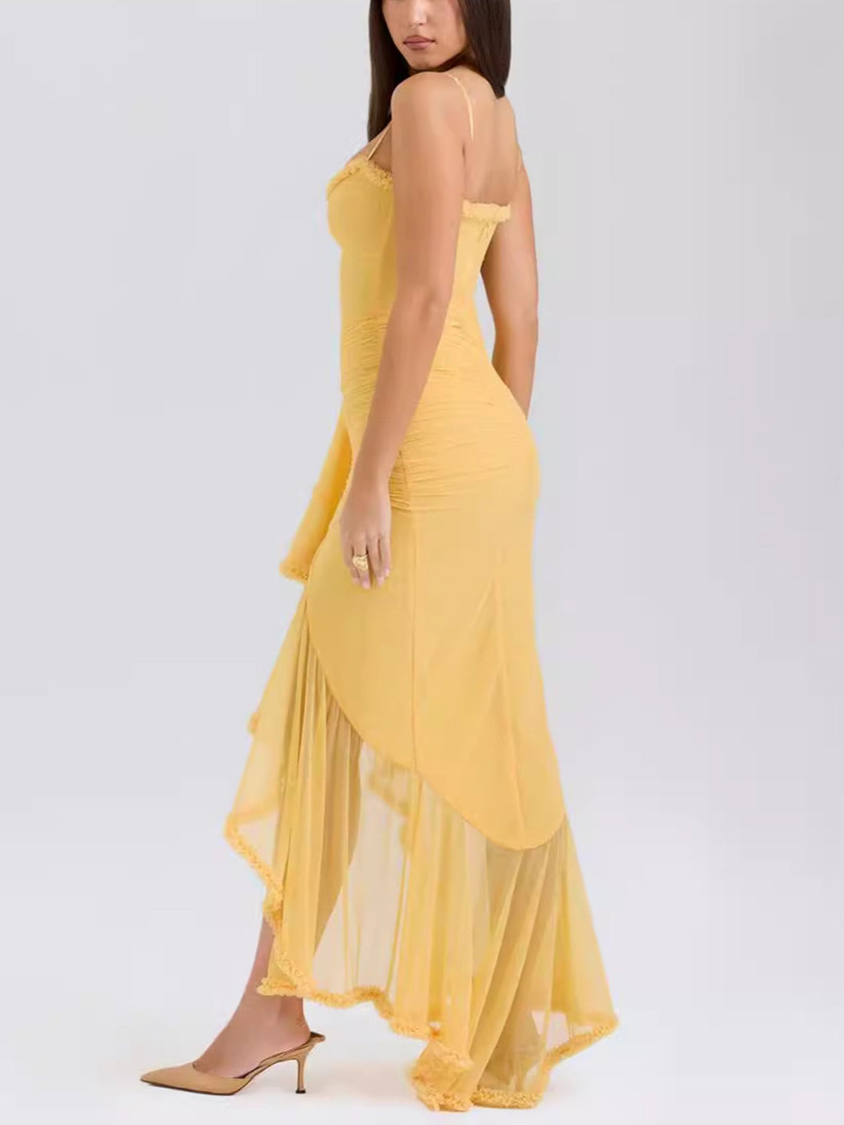 Spaghetti Strap Sweetheart Ruched Mesh High Low Maxi Dress - View 2