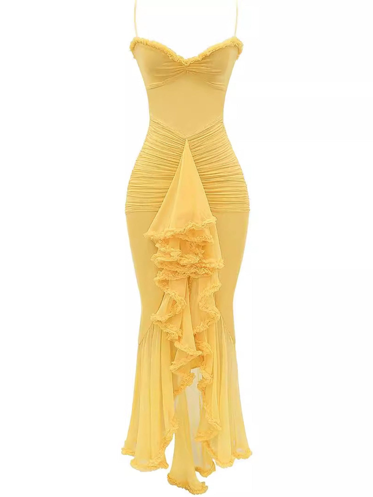 Spaghetti Strap Sweetheart Ruched Mesh High Low Maxi Dress - View 3
