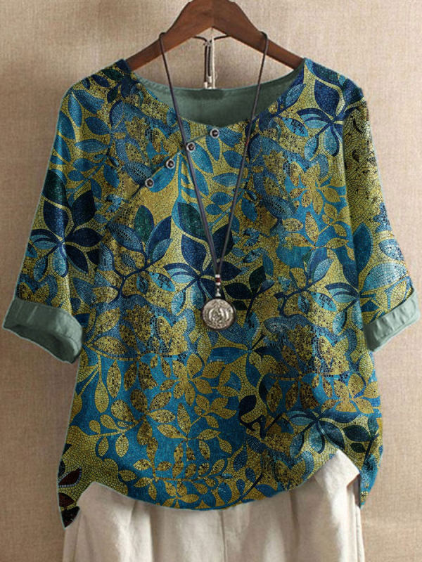 Notch Neck Half Sleeve Floral Print Contrast Trim Blouse