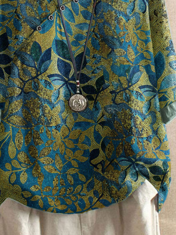 Notch Neck Half Sleeve Floral Print Contrast Trim Blouse 4