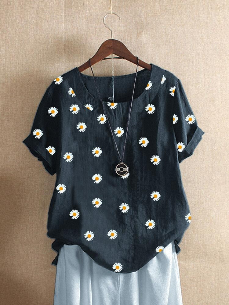 Round Neck Short Sleeve Daisy Floral Print Blouse 4