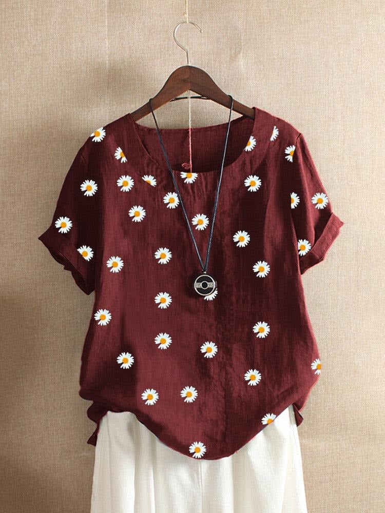 Round Neck Short Sleeve Daisy Floral Print Blouse 3