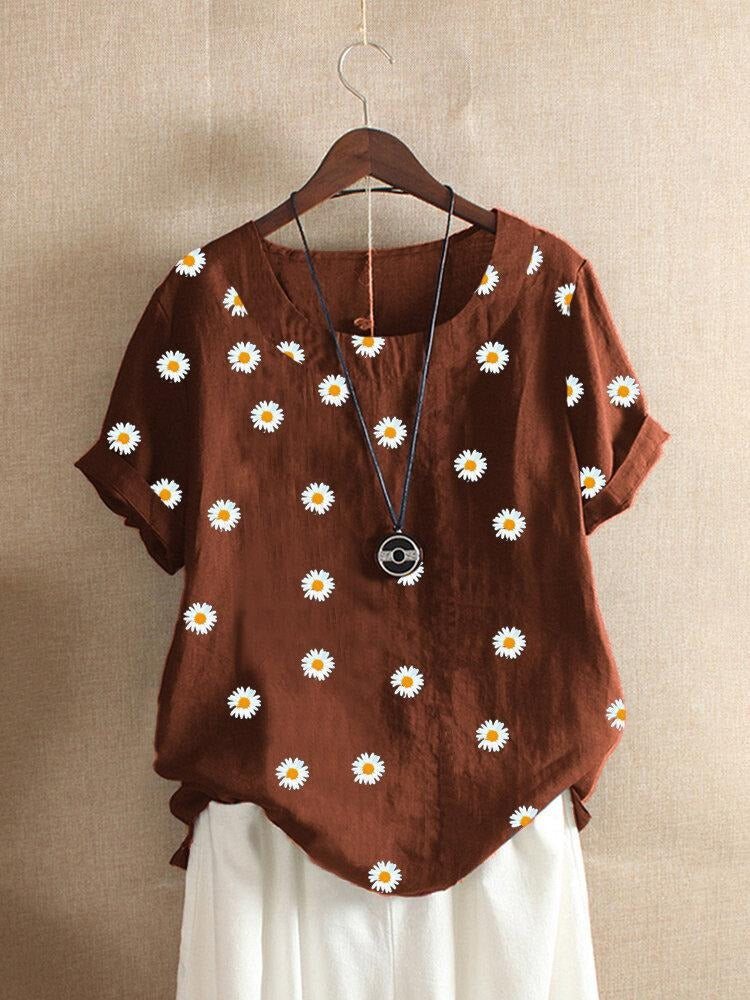Round Neck Short Sleeve Daisy Floral Print Blouse 2