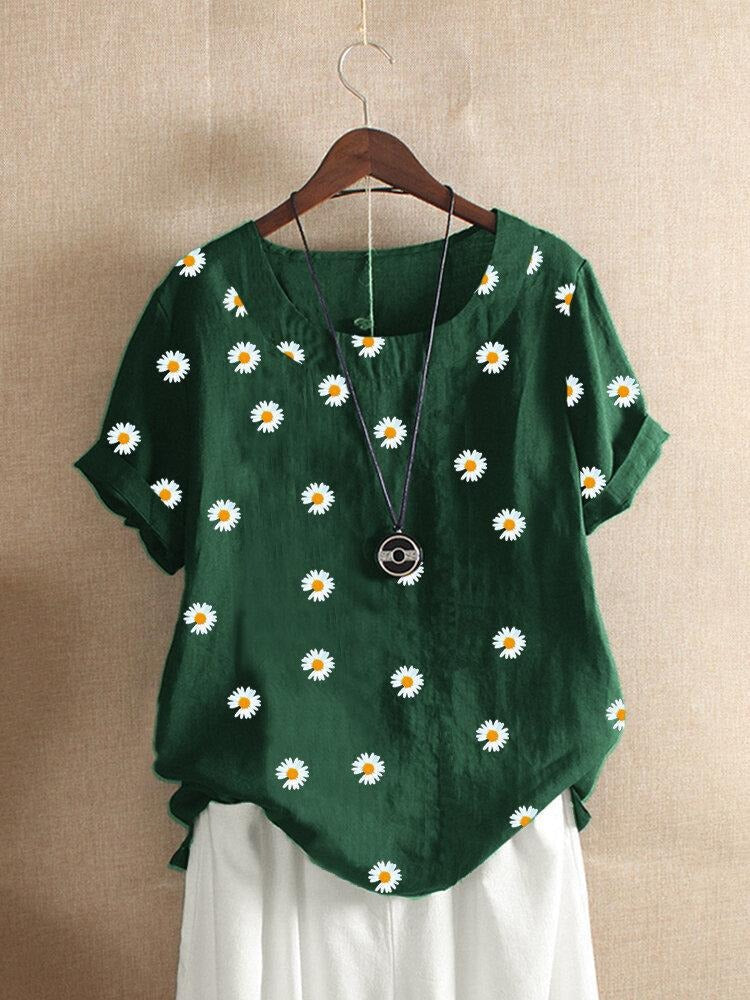 Round Neck Short Sleeve Daisy Floral Print Blouse