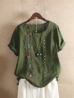 Floral Embroidery Round Neck Short Sleeve Linen Top 7