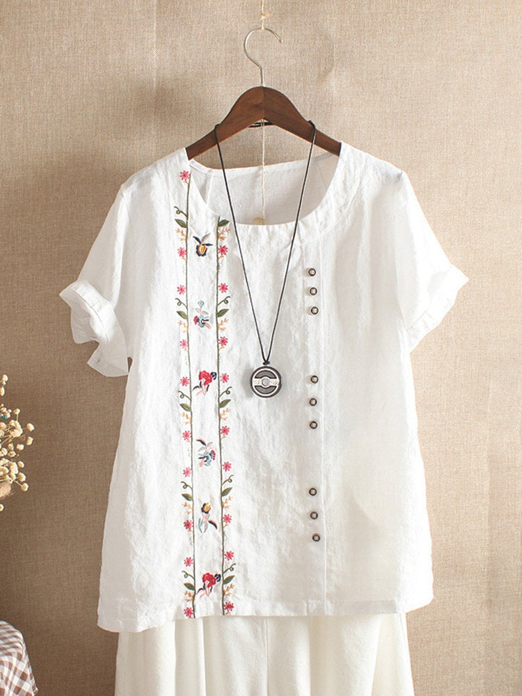 Floral Embroidery Round Neck Short Sleeve Linen Top 4